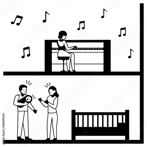 Noisy neighbour musician Concept,  Baby Cant Sleep Loud Piano Vector Color Icon Design, neighbourhood conflicts Stock illustration, bad neighbors Symbol