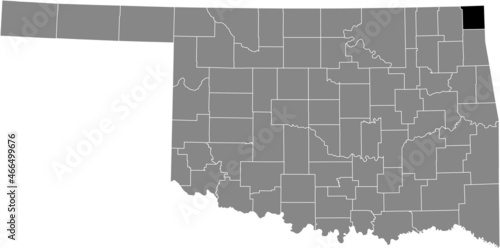 Black highlighted location map of the Ottawa County inside gray administrative map of the Federal State of Oklahoma, USA