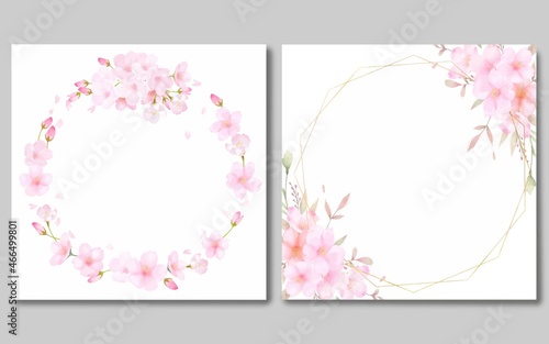 美しく華やかなピンク色桜飾りのゴールドフレームベクター素材