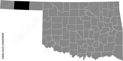 Black highlighted location map of the Texas County inside gray administrative map of the Federal State of Oklahoma, USA