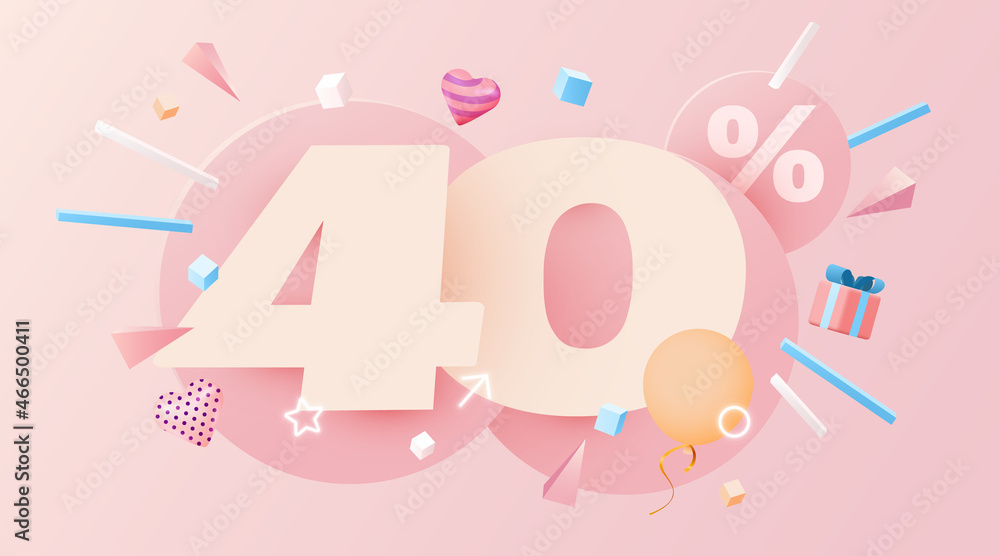 40 percent Off. Discount creative composition. 3d sale symbol with decorative objects, heart shaped balloons and gift box. Sale banner and poster.