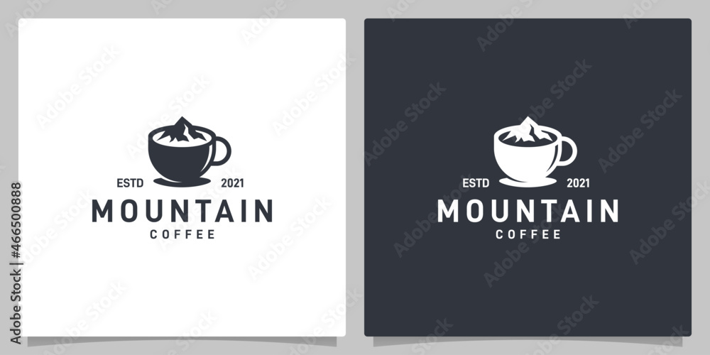 illustration Creative Coffee Shop logo design vector. Symbol graphic Restaurant Market Hot Breakfast label Tea Cup drink Farmer Classic Vintage retro Mountain Peak Symbol Silhouette.