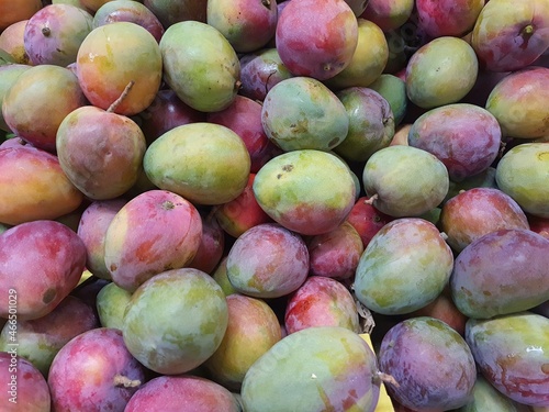 фотографія Tommy Atkins mango in a supermarket, organic (Mangifera indica) is a species of plant in the Anacardiaceae family
