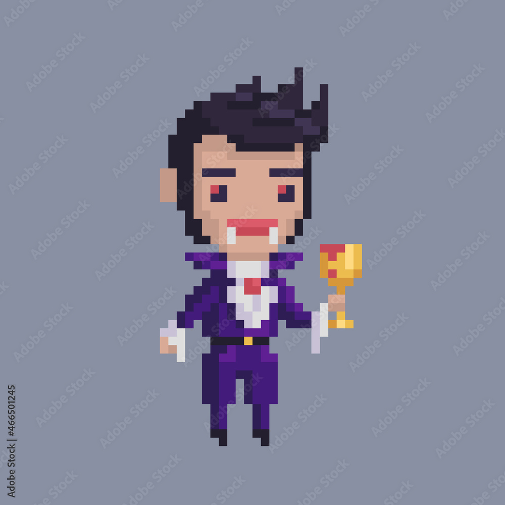 Pixel art character. A vampire drinks blood from a golden cup. Pixel art character. A vampire drinks blood from a golden cup.