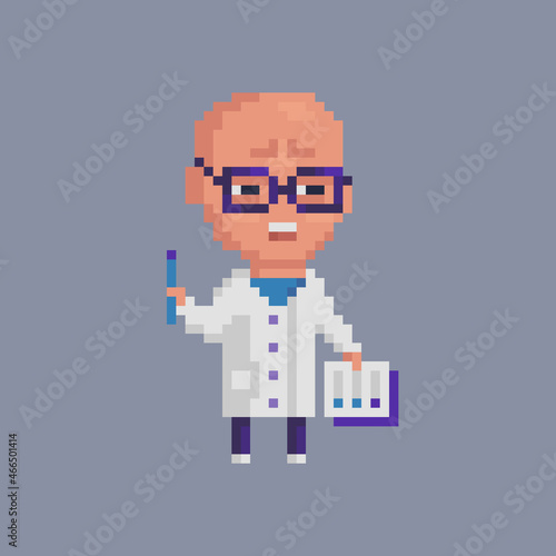 Pixel art character.A scientist, a doctor in glasses and a white coat .