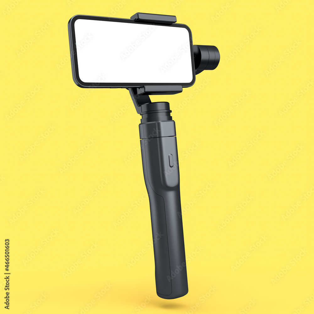 Realistic smartphone with blank white screen and steadicam isolated on yellow