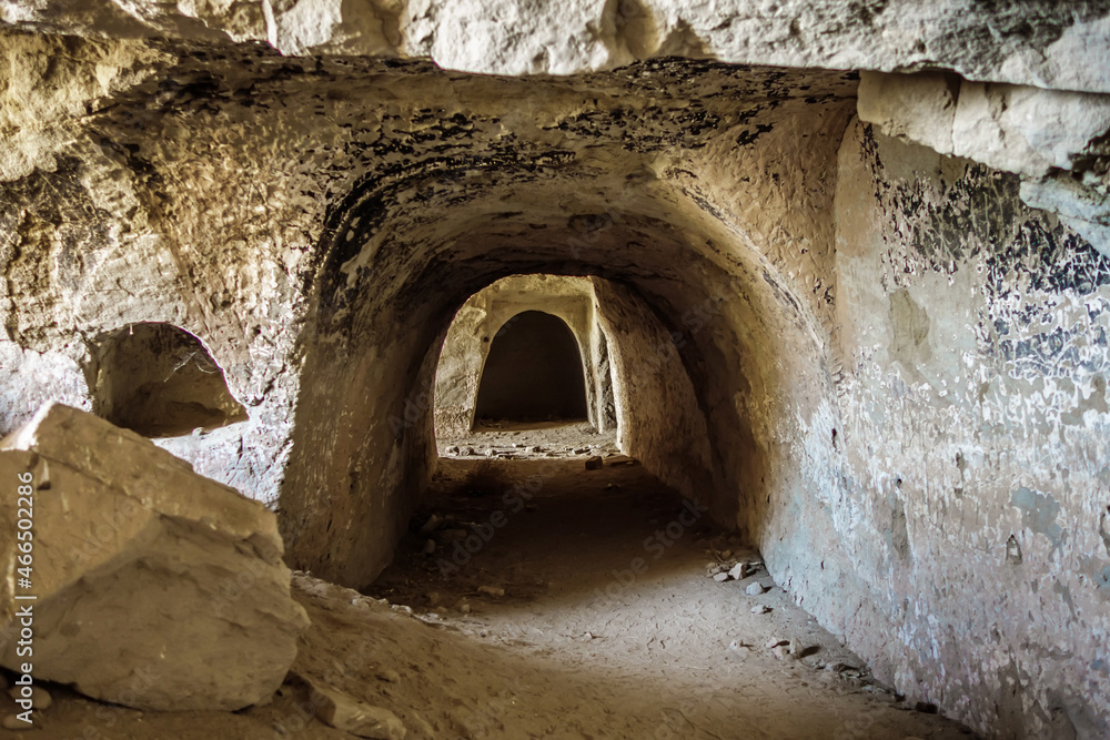 Underground tunnel in the settlement of Buddhist monks on the Kara-Tepe hill, Termez, Uzbekistan. The settlement existed in the 1st-5th centuries AD