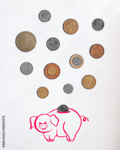 Money coins Flat lay falling in watercolor drawing piggy bank photo