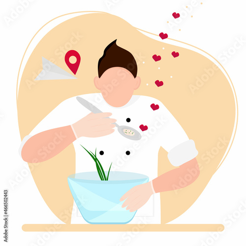 Illustration of the concept of cooking and tasting. A male chef cooks in the kitchen with soul and love, the location of the restaurant, cafe. Vector illustration in a flat style isolated on a white