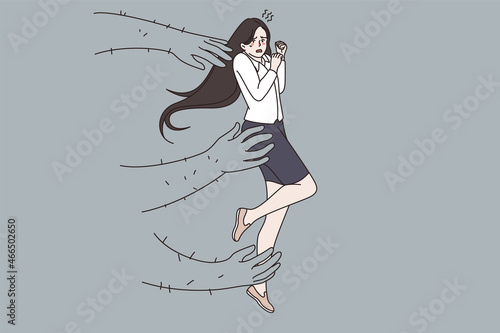 Scared terrified young woman grasped by huge hands, suffer from men aggressive rude behavior. Girl struggle with sexual harassment at work. Violence and bullying problem concept. Vector illustration. 