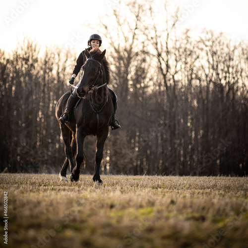 Female horse rider riding outdoors on her lovely horse © lightpoet