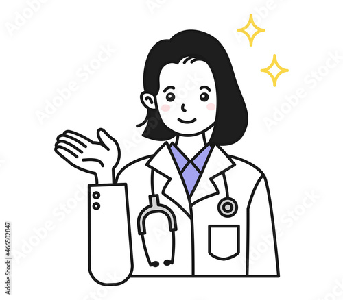 案内や説明をする白衣を着た女性の医師のイラスト素材