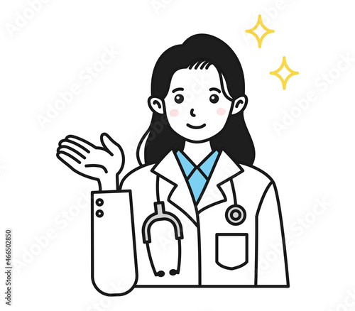 案内や説明をする白衣を着た女性の医師のイラスト素材