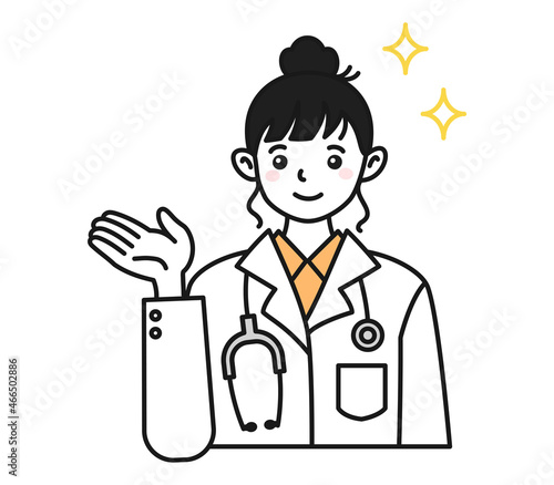 案内や説明をする白衣を着た女性の医師のイラスト素材