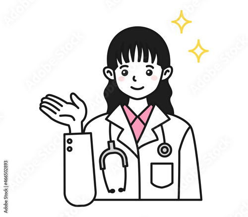案内や説明をする白衣を着た女性の医師のイラスト素材