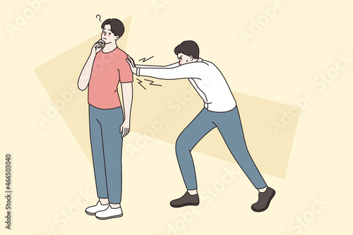 Decisive man push motivate unsure doubtful male thinking considering job offer or position. Guy recommending friend for work vacancy. Business referral option concept. Flat vector illustration. 