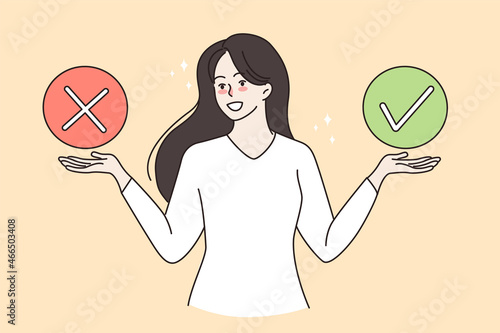 Smiling woman choose among yes or no answer. Happy female make choice or decision with positive negative checkmark. Voting, feedback, customer survey concept. Vector illustration. 