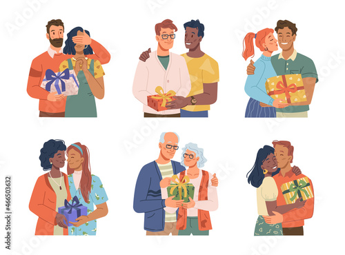 Couple giving gift to each other isolated cartoon people set. Vector husband and wife, man gay and woman lesbian partners, elderly grandmother and grandfather, multiracial family present box surprise