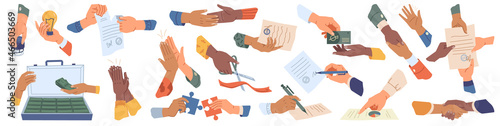 Set of shaking hands, signing contract, putting seal on document, giving high five, applauding and loaning money from case, partnership and signature, money investment, lamp in hand new idea