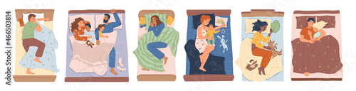 People sleeping peacefully in beds isolated flat cartoon set. Vector man and woman sleep on pillows at home. Happy men and women lying under blanket in pajamas asleep at night. Bedtime at house
