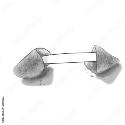 Illustration of a fortune cookie with a blank note isolated on white background in black and white colors