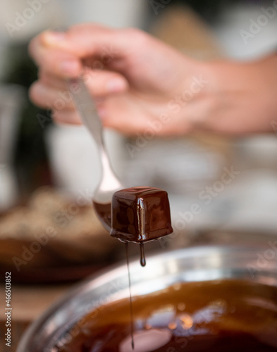 DIY process of making chocolate and chocolate candy. Copy space. Close-up.