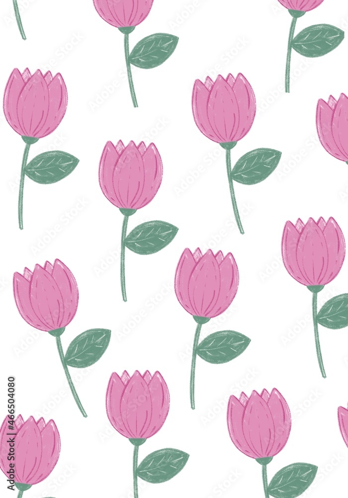 Obraz premium Tulips flowers kid's drawing, drawing with chalk, pattern flowers pink