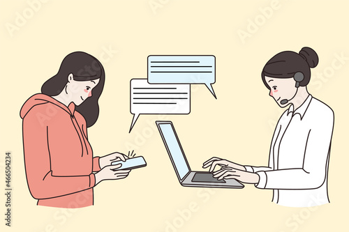Woman chat online communicate with customer service support available. Female client or customer text message operator ask help from call center agent. Flat vector illustration. 