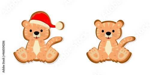 Christmas gingerbread cookies, winter holiday food. Gingerbread tiger. Chinese new year. Cartoon tiger. Vector illustration
