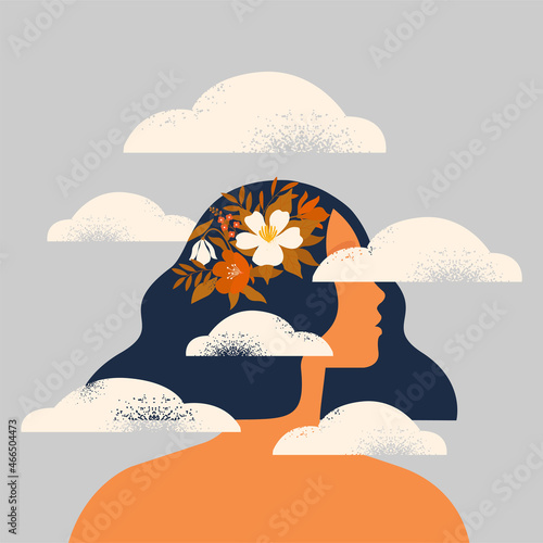 The concept of a step into the unknown future. The head of a man in the clouds.