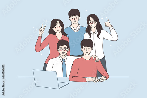 Portrait of smiling young diverse multiracial work team work together on computer. Happy multiethnic people employees pose for picture in office. Teamwork concept. Flat vector illustration. 