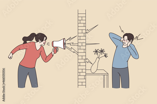 Woman neighbor scram yell in loudspeaker annoy or bother man living next door. Neigbour shouting loud in megaphone to bother flat mate. Housing, renter problem. Flat vector illustration. 