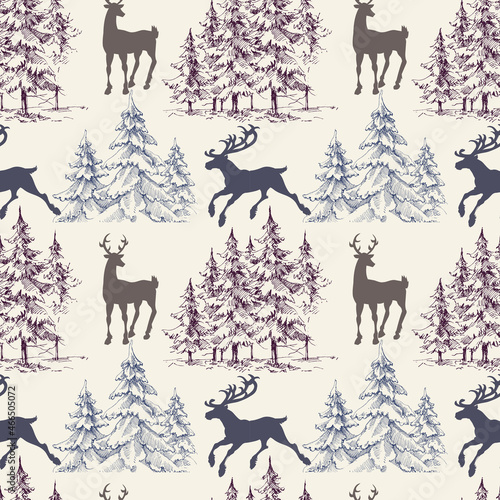 Christmas trees and deers seamless pattern, pine trees forest design