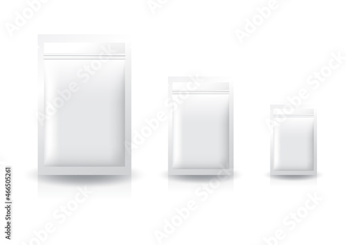 Blank white standing flat ziplock bag (3 sizes) for food or healthy product.