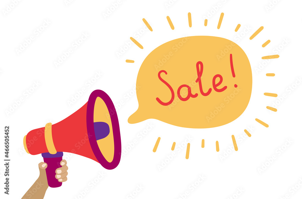 Sale announcement, hand holding megaphone, loudspeaker with speech bubble announcing big sale, vector cartoon illustration. Banner for business, marketing and advertising.