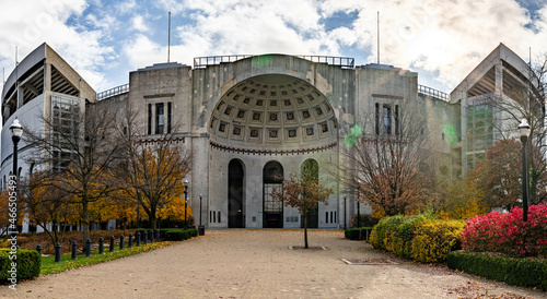 Historic Ohio Stadium with rotunda entrance against a cloudy sky in Columbus USA photo