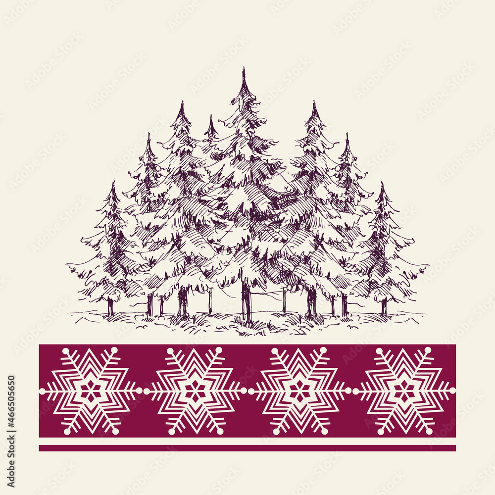 Fototapeta premium Christmas pine trees forest, snowflakes border greeting card