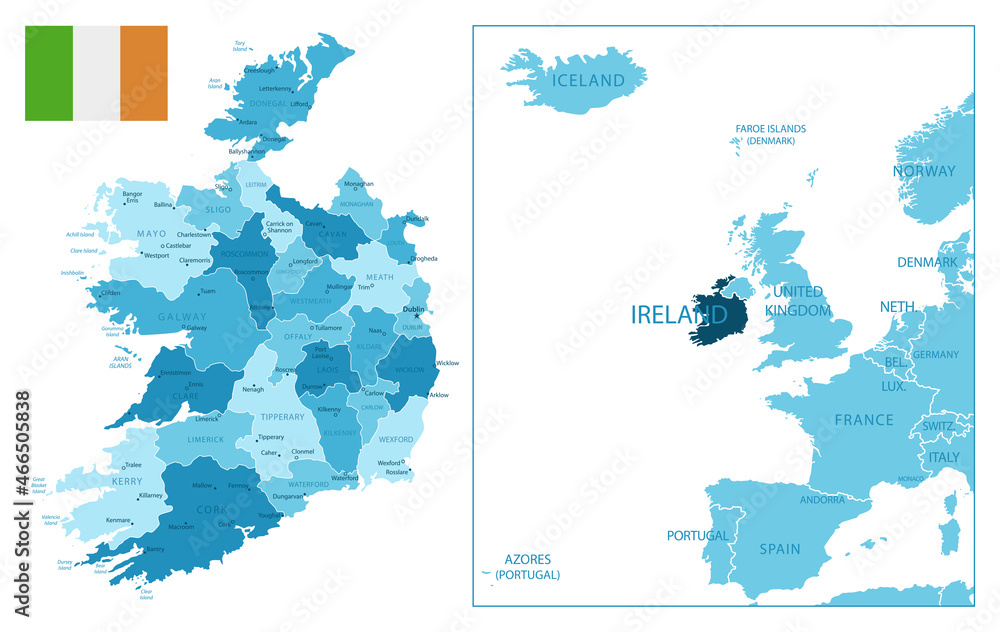 Naklejka premium Ireland - highly detailed blue map.