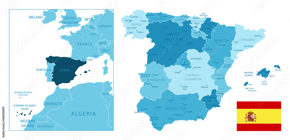Obraz premium Spain - highly detailed blue map.