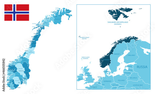 Norway - highly detailed blue map.