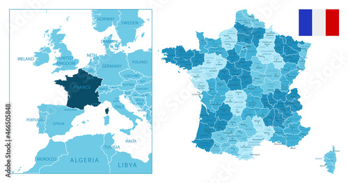 France - highly detailed blue map.