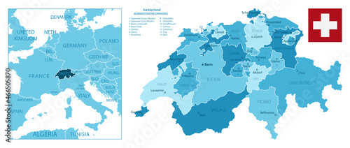 Switzerland - highly detailed blue map.