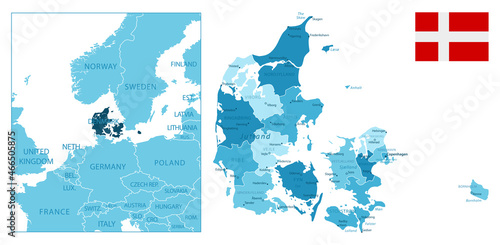 Denmark - highly detailed blue map.
