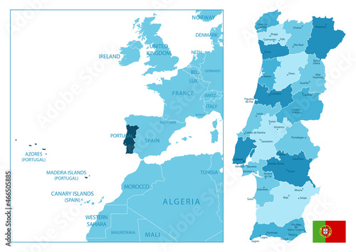 Portugal - highly detailed blue map.