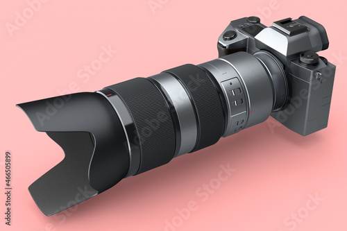 Concept of nonexistent silver DSLR camera with lens isolated on pink background. photo