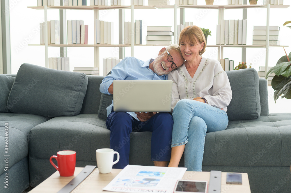 Happy Caucasian senior couple using laptop at home Happy Caucasian senior couple using laptop at home