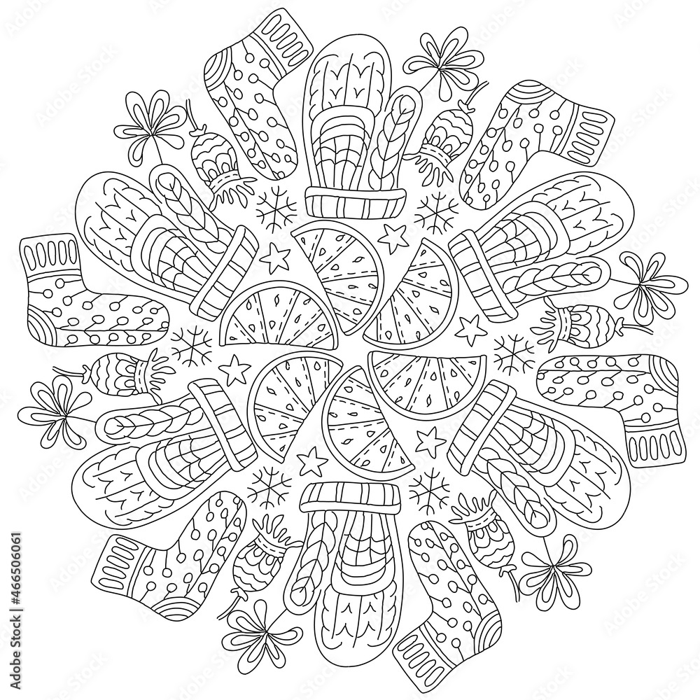 New Year, Christmas circle mandala. Hand drawing coloring page for kids and adults. Winter Holidays. Beautiful drawing with patterns and small details. Coloring anti stress pictures New Year, Christmas circle mandala. Hand drawing coloring page for kids and adults. Winter Holidays. Beautiful drawing with patterns and small details. Coloring anti stress pictures