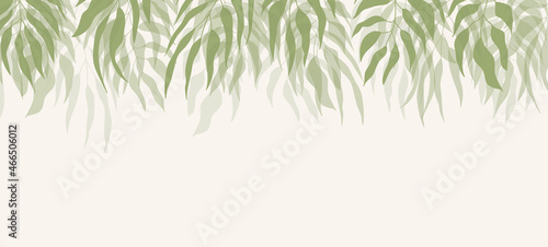 Floral web banner with drawn green exotic leaves. Nature concept design. Modern floral compositions with summer branches. Vector illustration on the theme of ecology, natura, environment