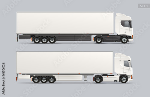 Realistic vector Truck trailer side view blank Mockup template. Logistics cargo transport for presentation and branding design