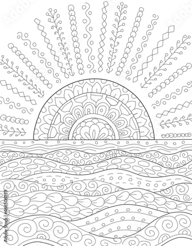 Hand drawing coloring page for kids and adults. Wild nature, sun,  meadow, field, sea. Beautiful drawing with patterns and small details. Coloring book pictures. Vector
